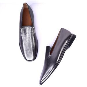 CLERGERIE Olympia Leather Smoking Loafers Pewter Metallic Flats Women's 39.5